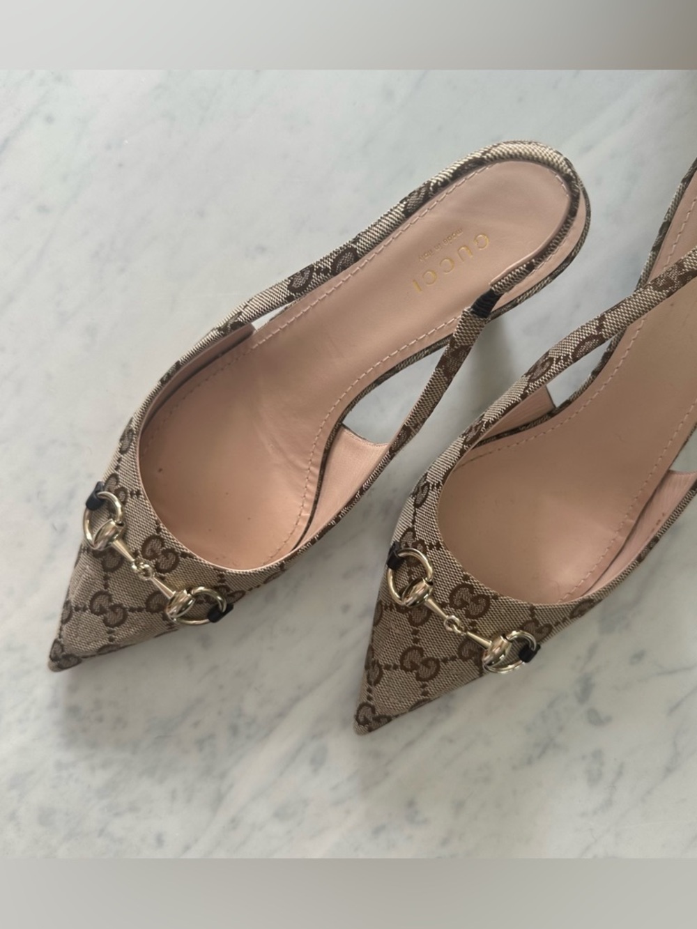 Gucci Beige Monogram Pointed Slingback Heels with Silver Hardware